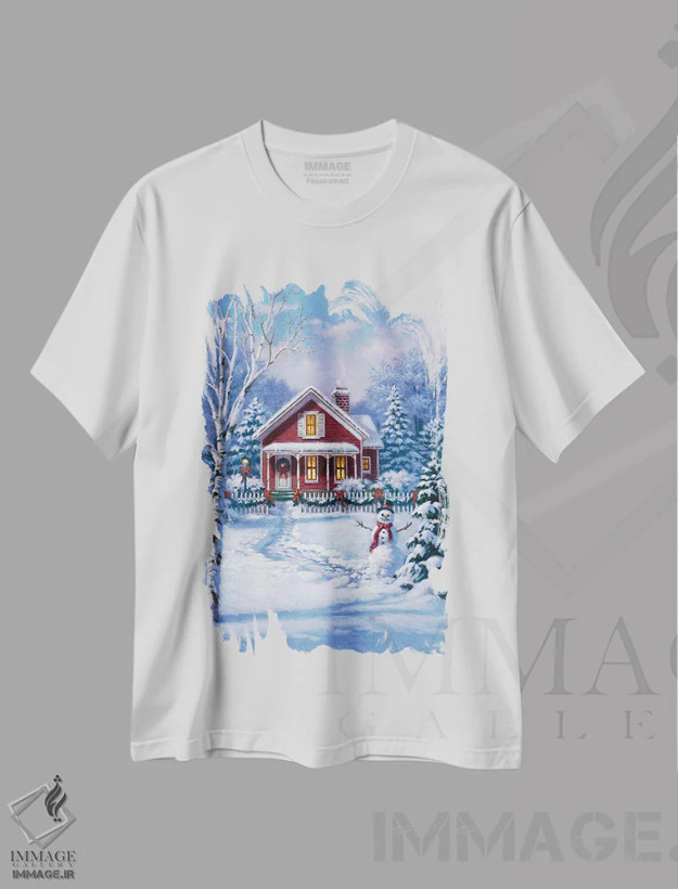 تیشرت سفید طرح دار خانه قرمز با آدم برفی، دکور تعطیلات اثر کربرت گوتیه | فروشگاه ایماژ