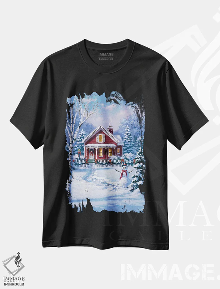 تیشرت مشکی طرح دار خانه قرمز با آدم برفی، دکور تعطیلات اثر کربرت گوتیه | immage.ir