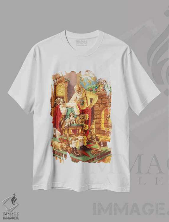 تیشرت سفید طرح دار بابانوئل و دوستان، دکور تعطیلات اثر کربرت گوتیه | فروشگاه ایماژ