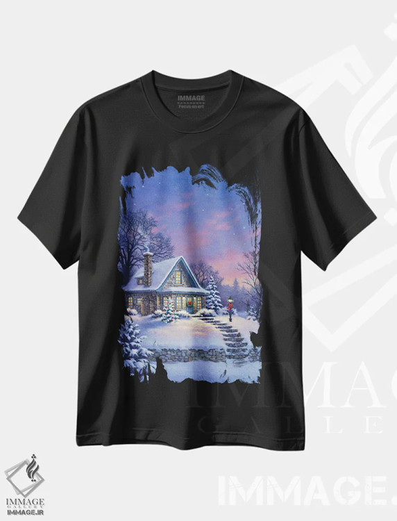 تیشرت مشکی طرح دار کلبه در شفق، دکور تعطیلات اثر کربرت گوتیه | فروشگاه ایماژ