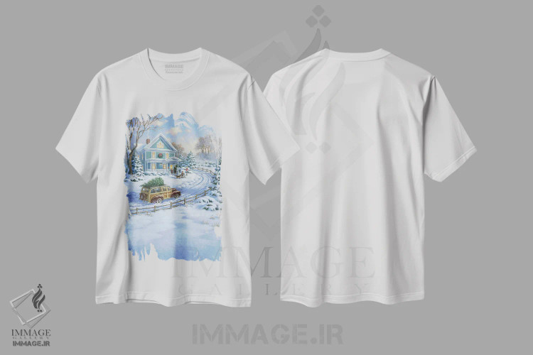 تیشرت سفید طرح دار واگن چوبی، دکور تعطیلات اثر کربرت گوتیه | فروشگاه ایماژ