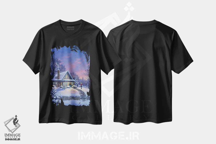 تیشرت مشکی طرح دار کلبه در شفق، دکور تعطیلات اثر کربرت گوتیه | فروشگاه ایماژ