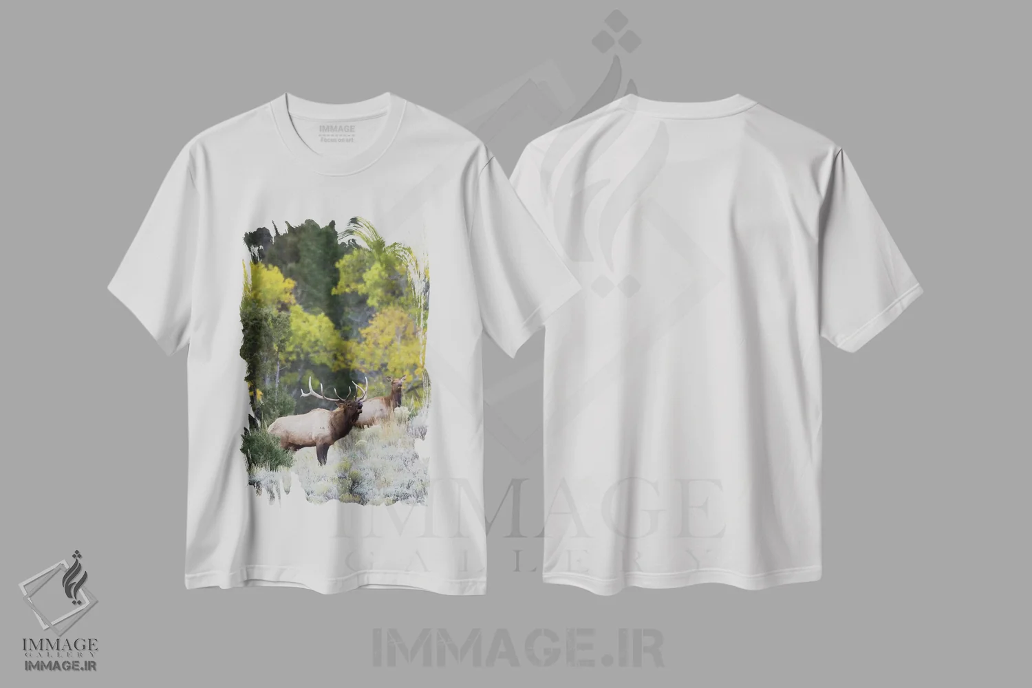 تیشرت سفید طرح دار گوزن نر راکی در حال آوای جفت خواهی، عکاسی ماکرو اثر کن آرچر | فروشگاه ایماژ