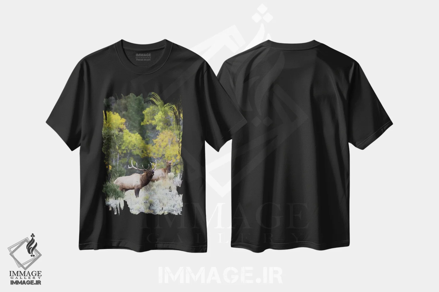 تیشرت مشکی طرح دار گوزن نر راکی در حال آوای جفت خواهی، عکاسی ماکرو اثر کن آرچر | immage.ir