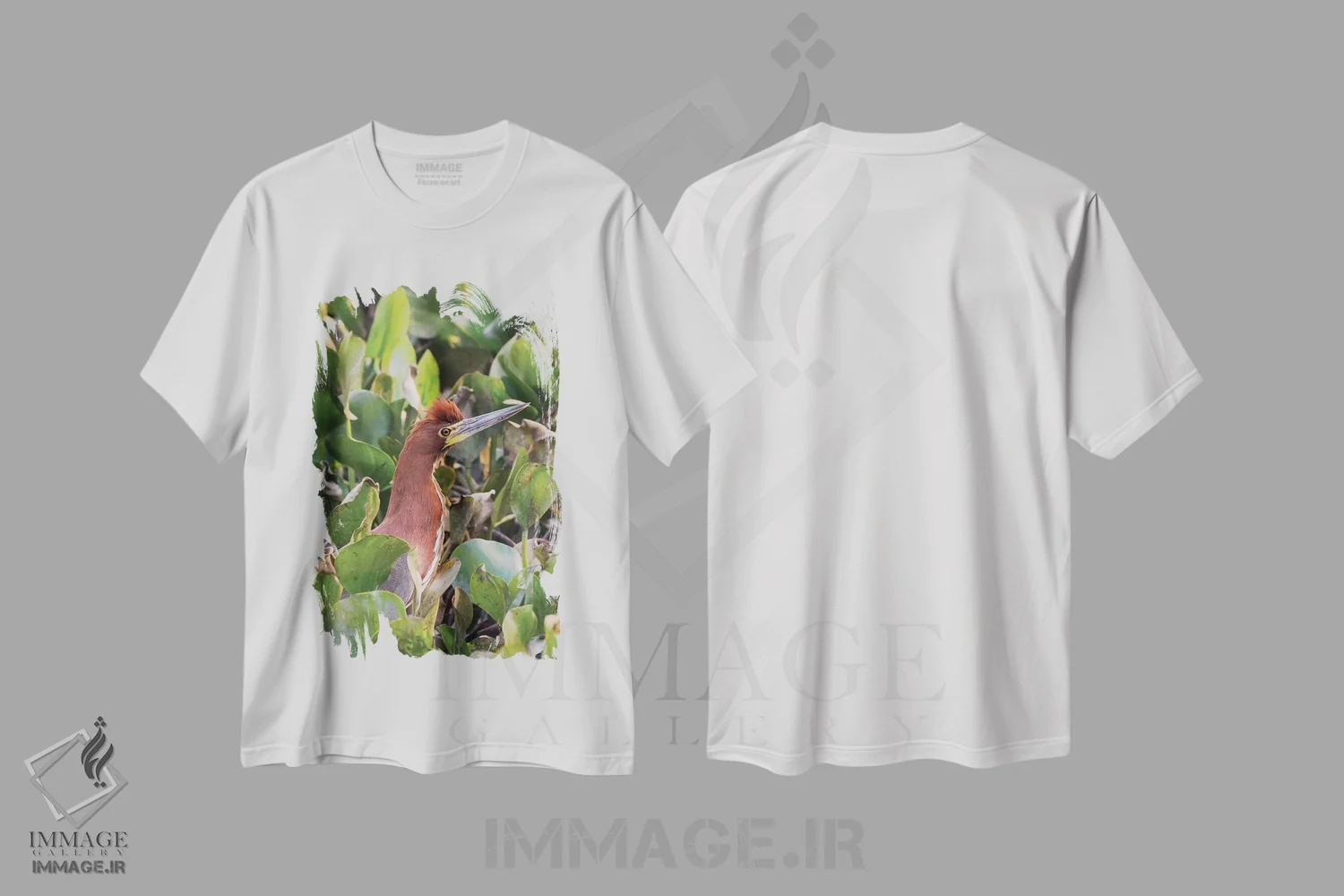 تیشرت سفید طرح دار حواصیل ببرگون قهوه ای اثر کن آرچر | immage.ir