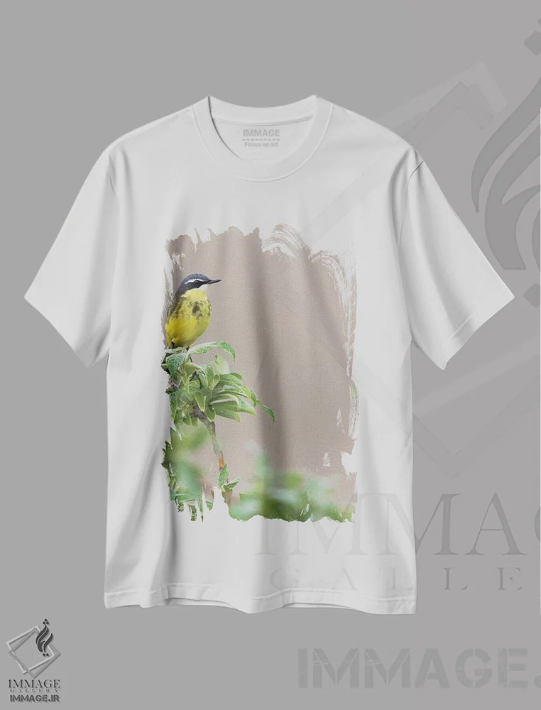 تیشرت سفید طرح دار دم جنبان زرد، عکاسی ماکرو اثر کن آرچر | فروشگاه ایماژ
