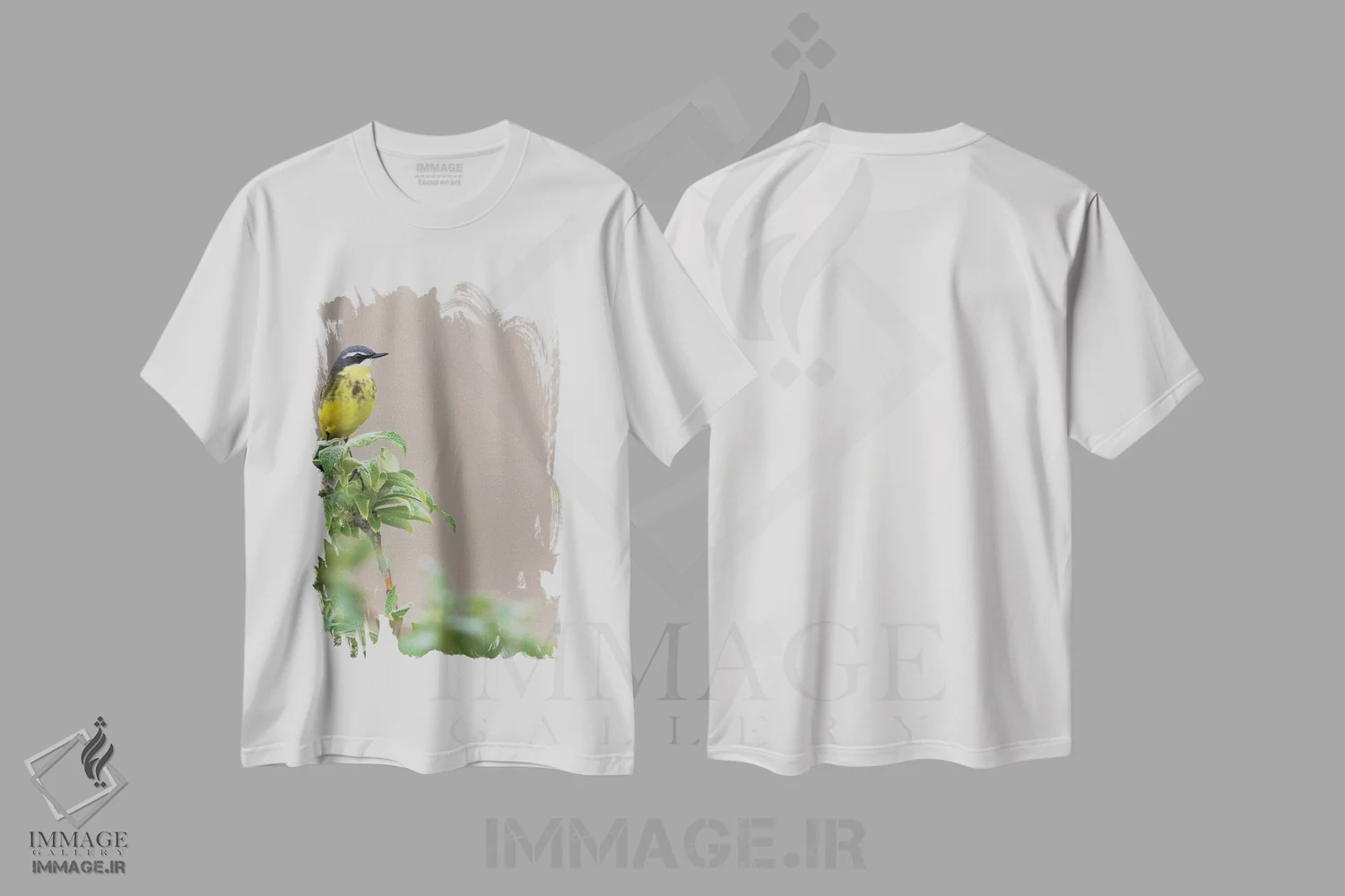 تیشرت سفید طرح دار دم جنبان زرد، عکاسی ماکرو اثر کن آرچر | فروشگاه ایماژ