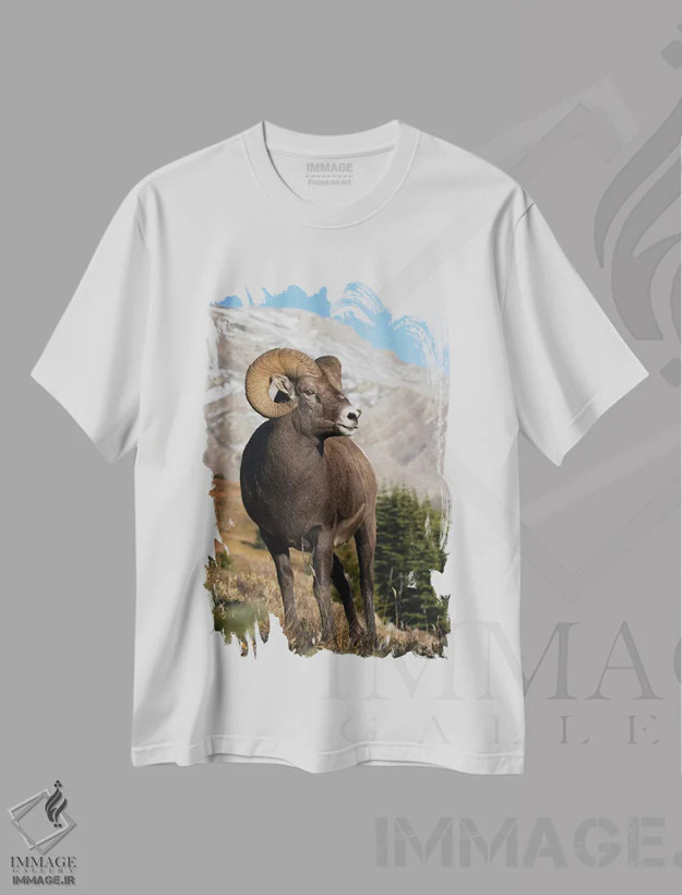 تیشرت سفید طرح دار کبش قوچ شاخ بزرگ کوهستان راکی، مدیوم اثر کن آرچر | فروشگاه ایماژ
