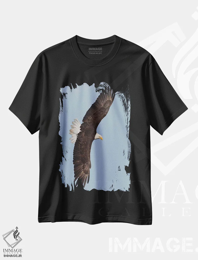 تیشرت مشکی طرح دار عقاب سرسفید در حال پرواز، عکاسی ماکرو اثر کن آرچر | immage.ir