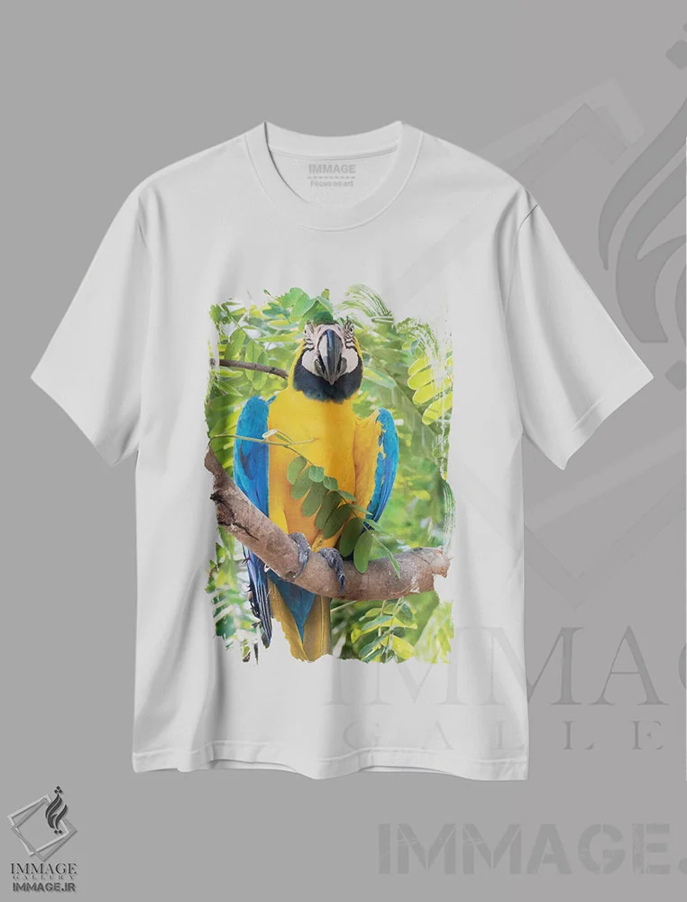 تیشرت سفید طرح دار ماکائوی آبی و طلایی، عکاسی ماکرو اثر کن آرچر | immage.ir