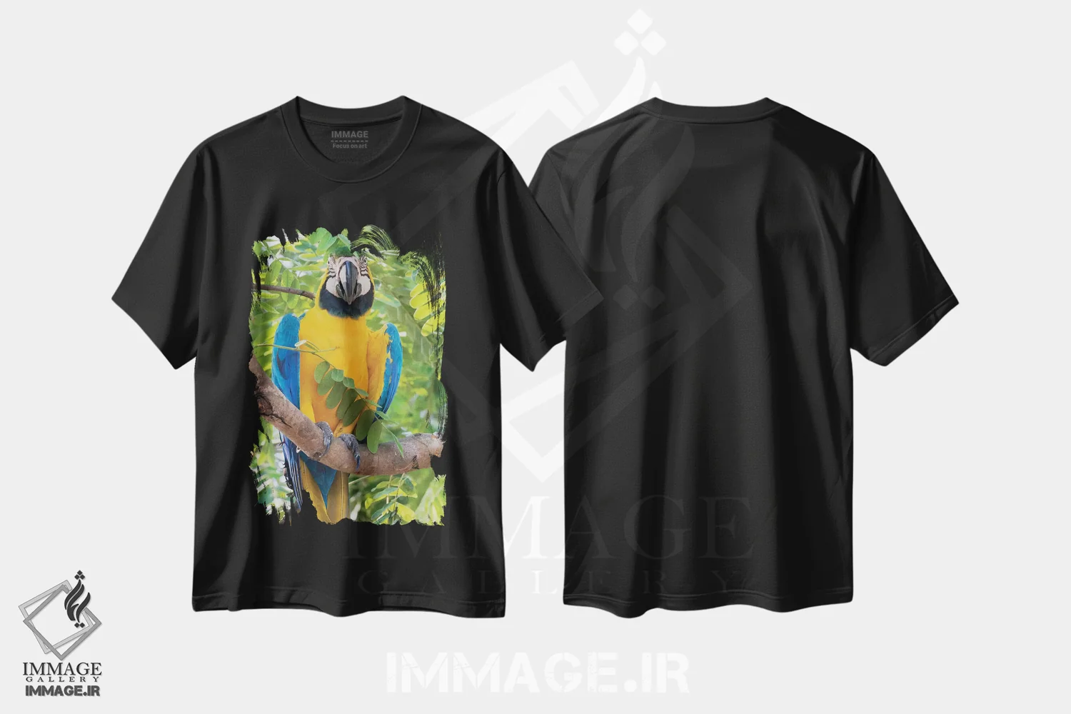 تیشرت مشکی طرح دار ماکائوی آبی و طلایی، عکاسی ماکرو اثر کن آرچر | فروشگاه ایماژ