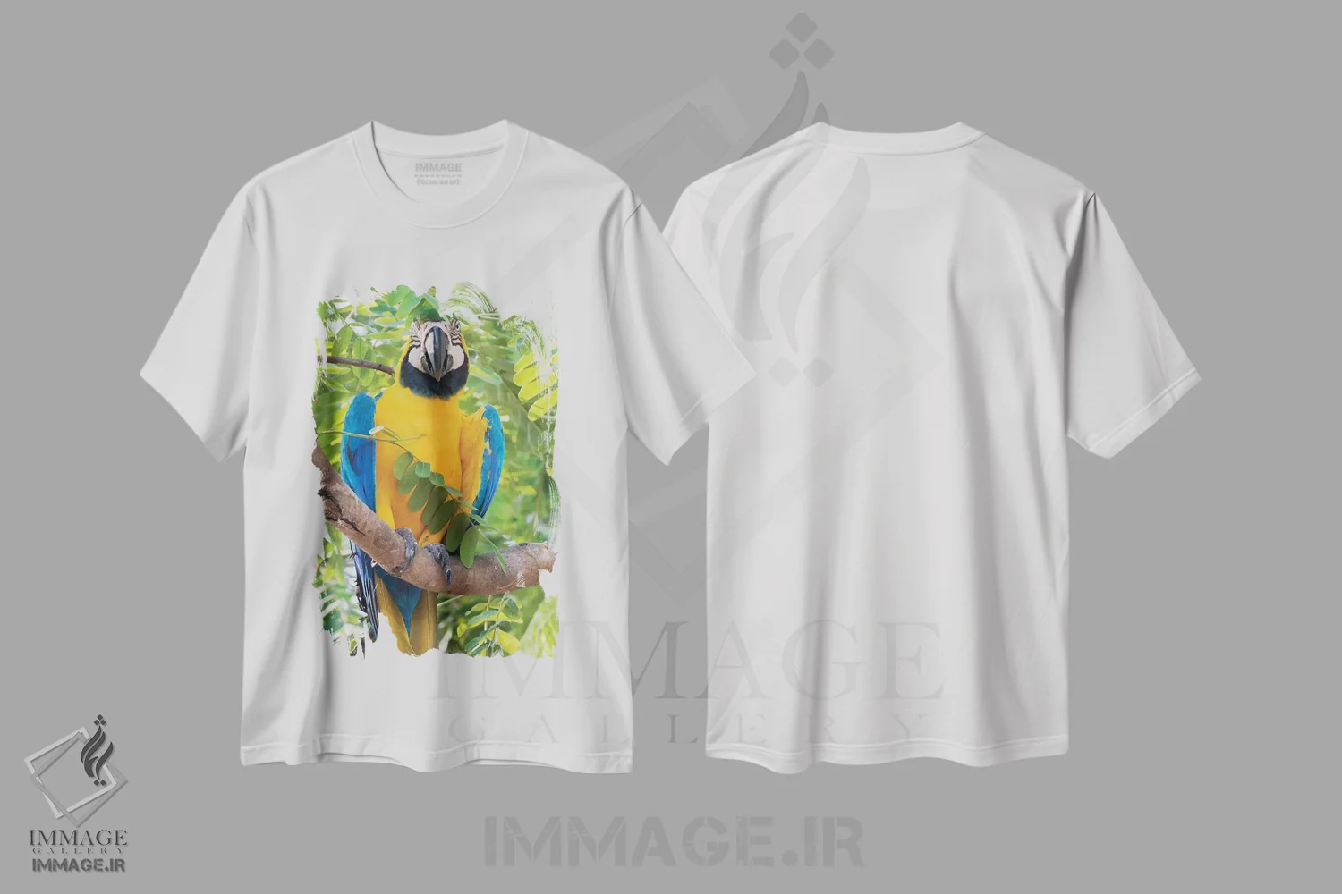 تیشرت سفید طرح دار ماکائوی آبی و طلایی، عکاسی ماکرو اثر کن آرچر | immage.ir