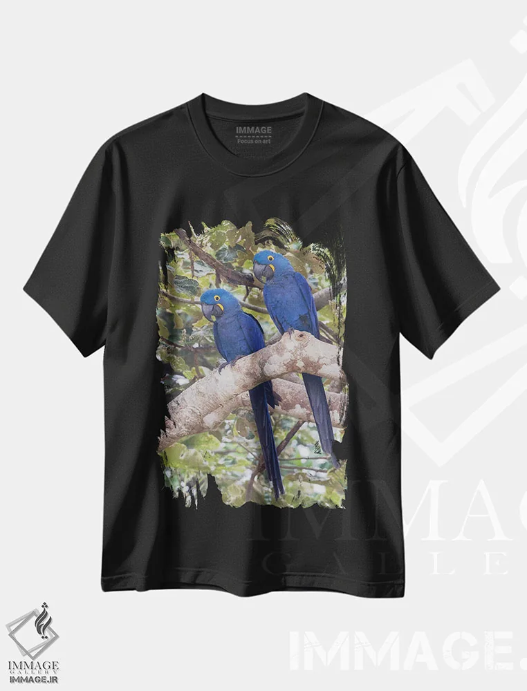 تیشرت مشکی طرح دار جفت ماکائوی سنبل، عکاسی ماکرو اثر کن آرچر | فروشگاه ایماژ