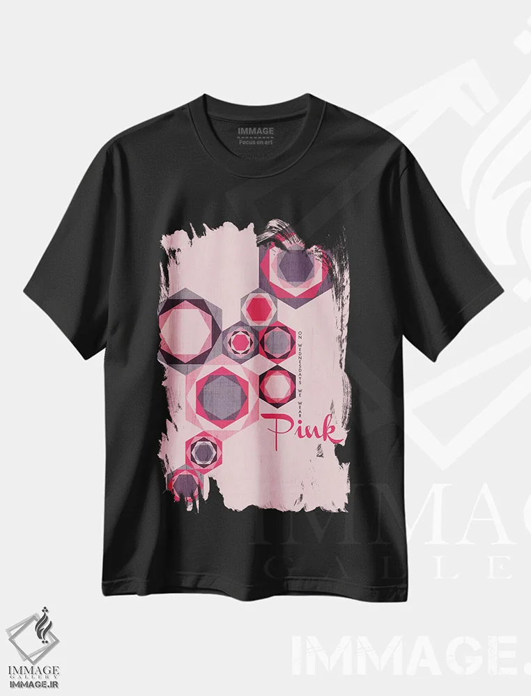 تیشرت مشکی طرح دار چهارشنبه ها صورتی می پوشیم، آبستره اثر چایا شرادر | فروشگاه ایماژ