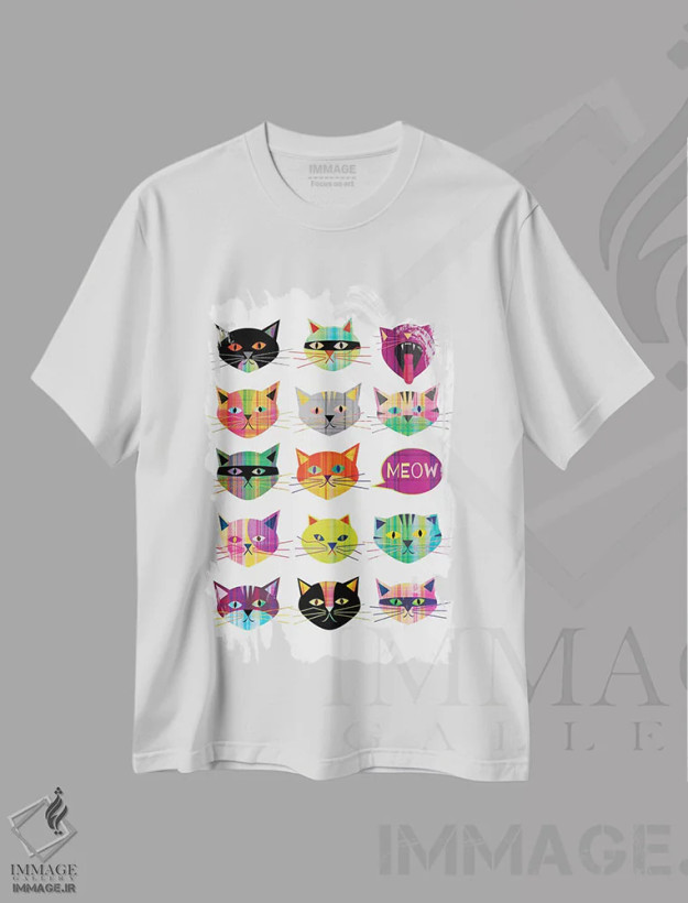 تیشرت سفید طرح دار گربه ها، تزئینی اثر چایا شرادر | فروشگاه ایماژ