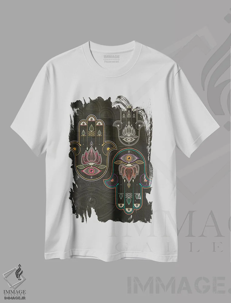 تیشرت سفید طرح دار خمسه، دکور بوهمی اثر چایا شرادر | فروشگاه ایماژ