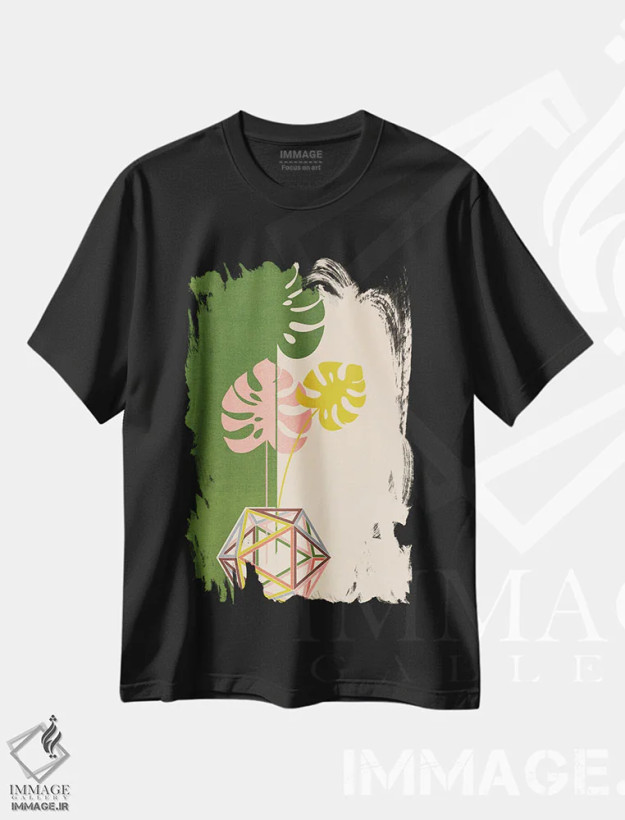 تیشرت مشکی طرح دار برگ مانسترا در بیست وجهی، تزئینی اثر چایا شرادر | فروشگاه ایماژ