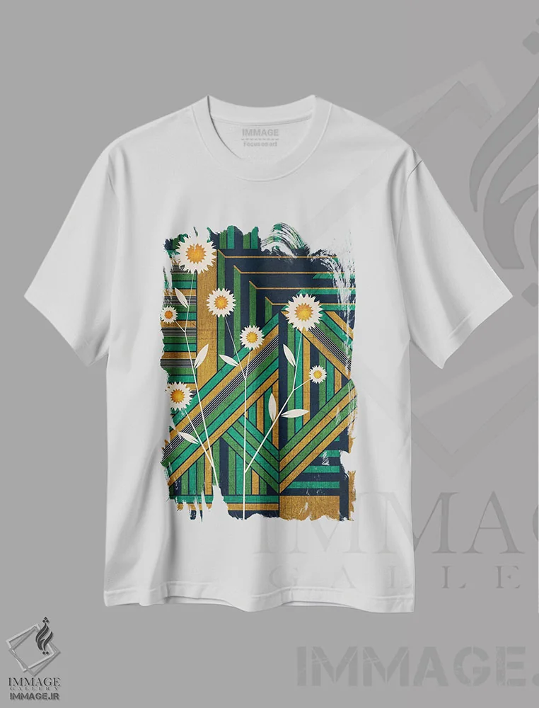 تیشرت سفید طرح دار گل های وحشی، آرت دکو اثر چایا شرادر | فروشگاه ایماژ