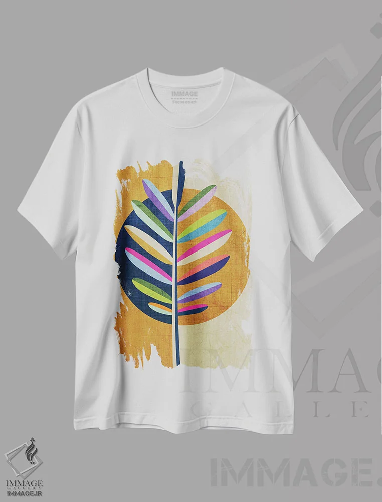 تیشرت سفید طرح دار برگ با همه رنگ ها، آبستره اثر چایا شرادر | immage.ir