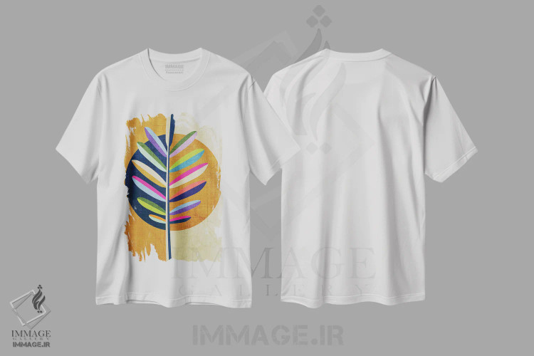 تیشرت سفید طرح دار برگ با همه رنگ ها، آبستره اثر چایا شرادر | immage.ir