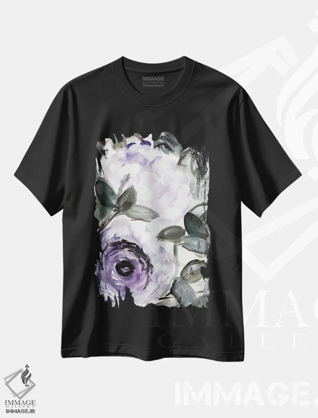 تیشرت مشکی طرح دار بوته روستایی بنفش ۱، تزئینی اثر مارسی چپمن | فروشگاه ایماژ