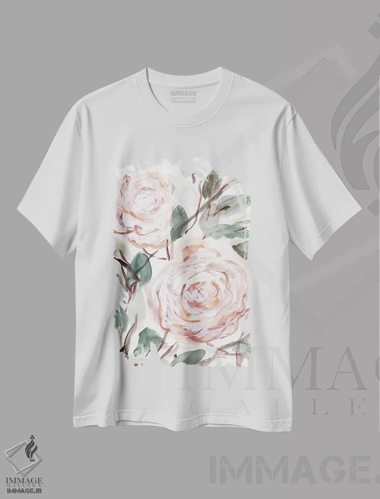 تیشرت سفید طرح دار بوته روستایی صورتی مرجانی ۱، تزئینی اثر مارسی چپمن | immage.ir