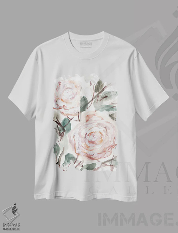 تیشرت سفید طرح دار بوته روستایی صورتی مرجانی ۱، تزئینی اثر مارسی چپمن | immage.ir