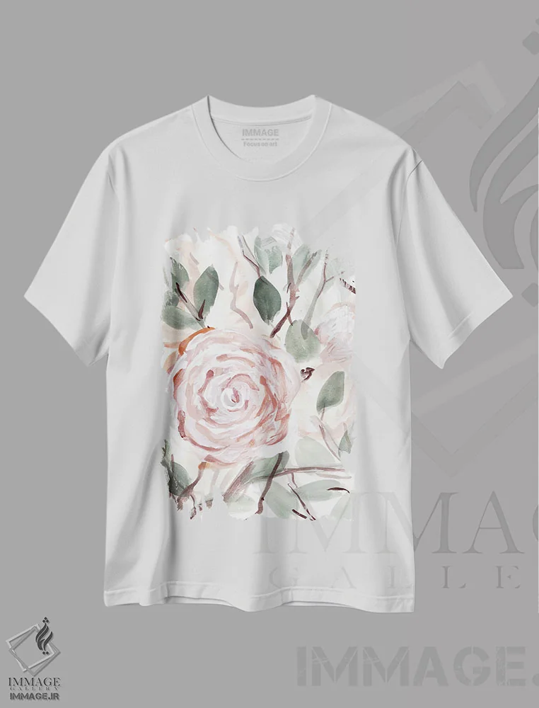 تیشرت سفید طرح دار بوته روستایی صورتی مرجانی ۲، تزئینی اثر مارسی چپمن | فروشگاه ایماژ