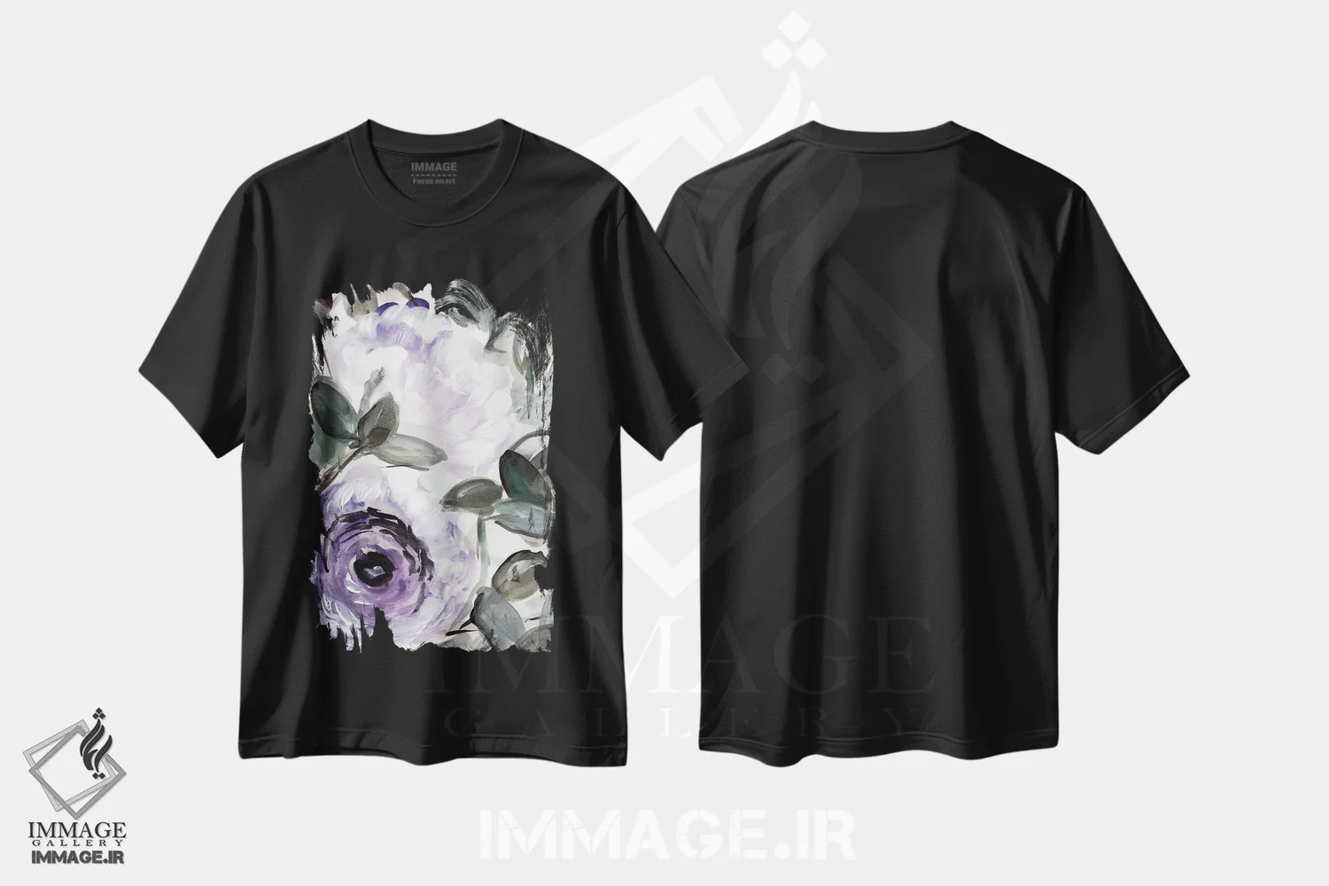 تیشرت مشکی طرح دار بوته روستایی بنفش ۱، تزئینی اثر مارسی چپمن | فروشگاه ایماژ