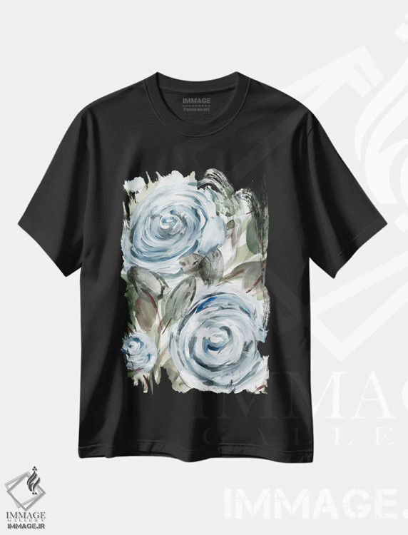 تیشرت مشکی طرح دار گل رز روستایی آبی ۱، تزئینی اثر مارسی چپمن | فروشگاه ایماژ