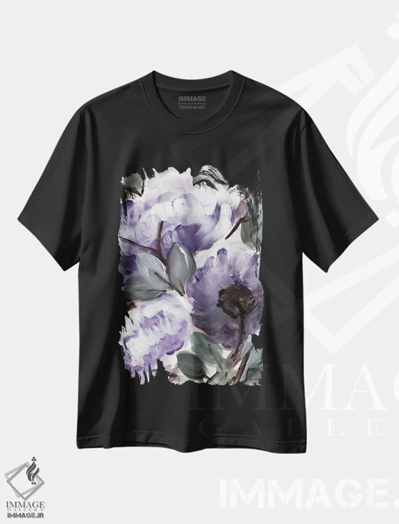 تیشرت مشکی طرح دار بوته روستایی بنفش ۲، تزئینی اثر مارسی چپمن | immage.ir