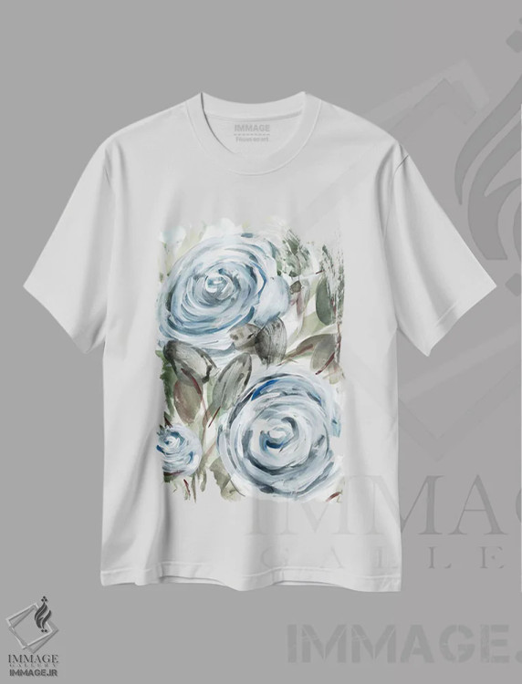 تیشرت سفید طرح دار گل رز روستایی آبی ۱، تزئینی اثر مارسی چپمن | immage.ir