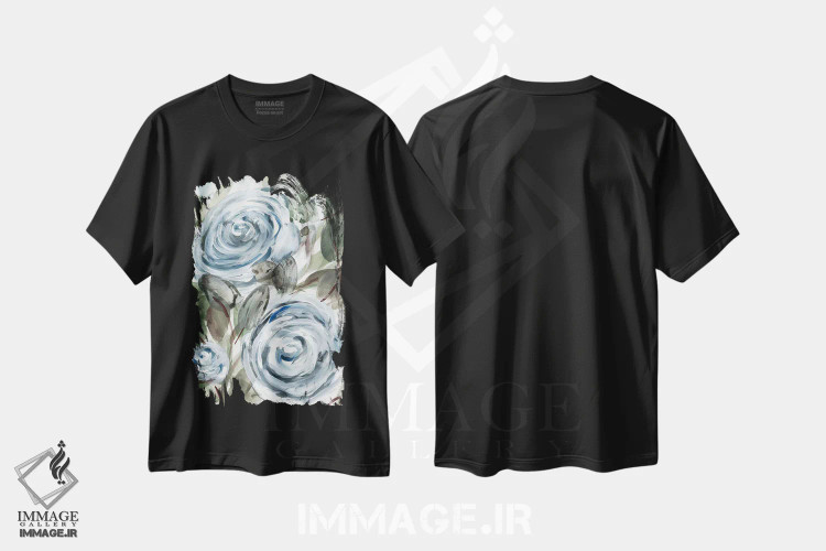 تیشرت مشکی طرح دار گل رز روستایی آبی ۱، تزئینی اثر مارسی چپمن | فروشگاه ایماژ