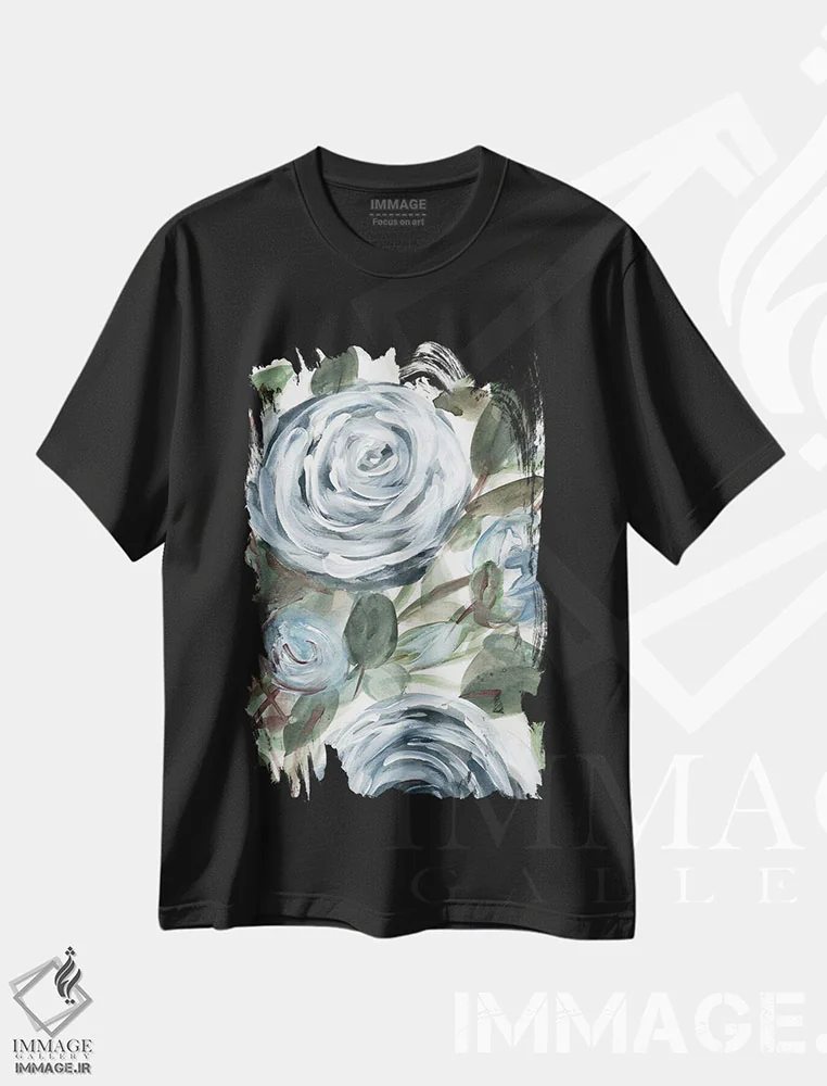 تیشرت مشکی طرح دار گل رز روستایی آبی ۲، تزئینی اثر مارسی چپمن | immage.ir