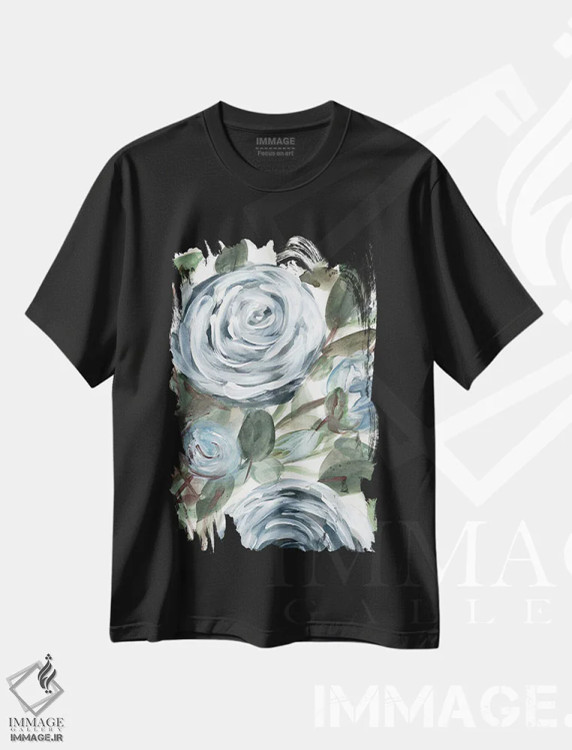 تیشرت مشکی طرح دار گل رز روستایی آبی ۲، تزئینی اثر مارسی چپمن | immage.ir