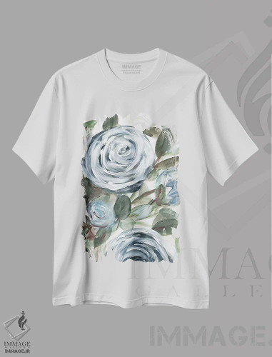 تیشرت سفید طرح دار گل رز روستایی آبی ۲، تزئینی اثر مارسی چپمن | فروشگاه ایماژ