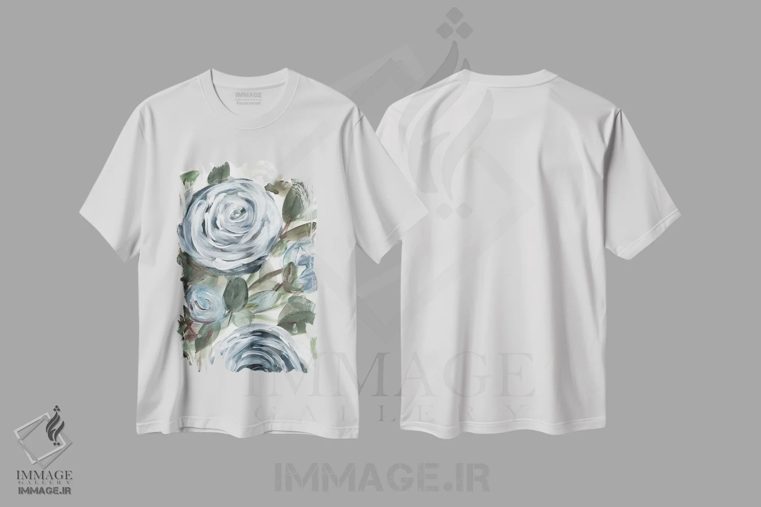 تیشرت سفید طرح دار گل رز روستایی آبی ۲، تزئینی اثر مارسی چپمن | فروشگاه ایماژ