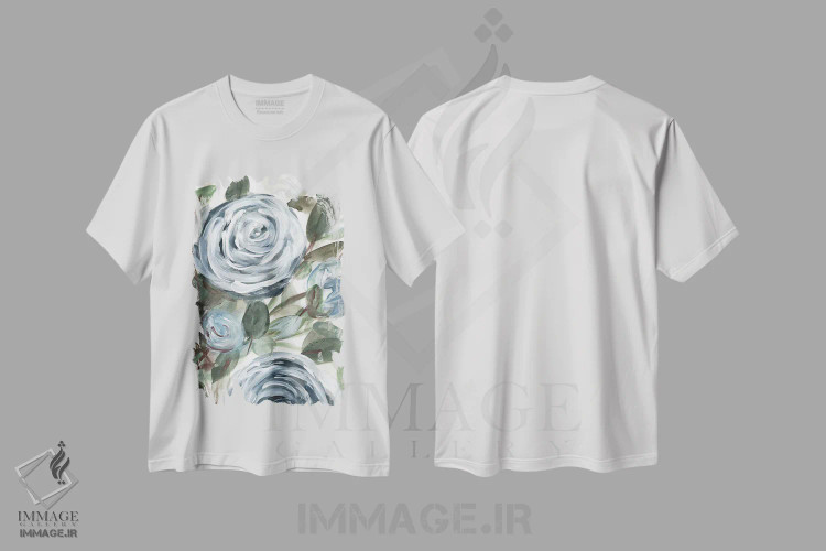 تیشرت سفید طرح دار گل رز روستایی آبی ۲، تزئینی اثر مارسی چپمن | فروشگاه ایماژ