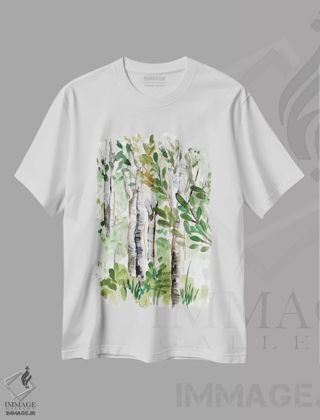 تیشرت سفید طرح دار جنگل توس ۲، آبستره اثر مارسی چپمن | فروشگاه ایماژ