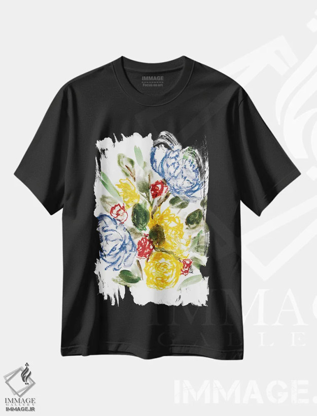 تیشرت مشکی طرح دار آبی گچی و زرد ۱، آبستره اثر مارسی چپمن | فروشگاه ایماژ
