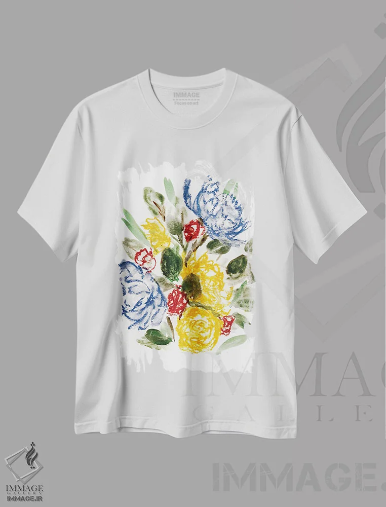 تیشرت سفید طرح دار آبی گچی و زرد ۱، آبستره اثر مارسی چپمن | immage.ir