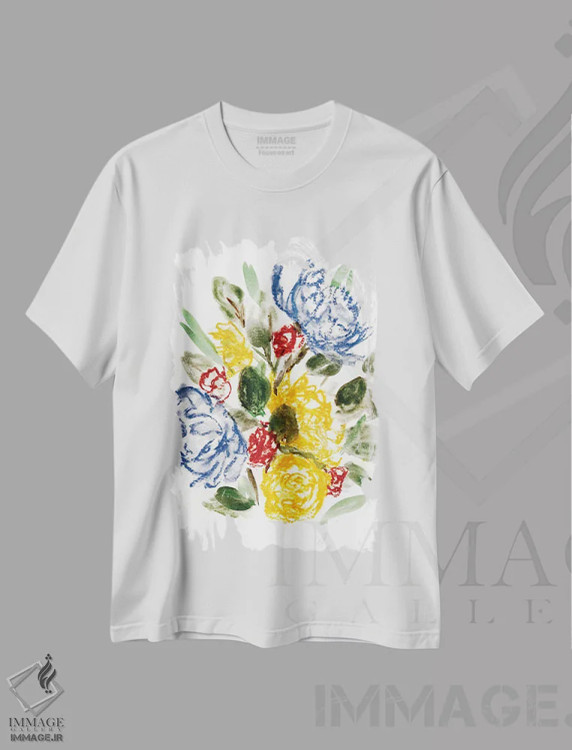 تیشرت سفید طرح دار آبی گچی و زرد ۱، آبستره اثر مارسی چپمن | immage.ir