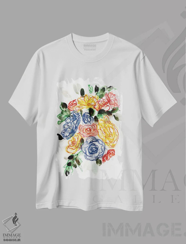 تیشرت سفید طرح دار آبی گچی و زرد ۲، آبستره اثر مارسی چپمن | فروشگاه ایماژ