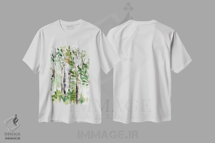 تیشرت سفید طرح دار جنگل توس ۲، آبستره اثر مارسی چپمن | فروشگاه ایماژ