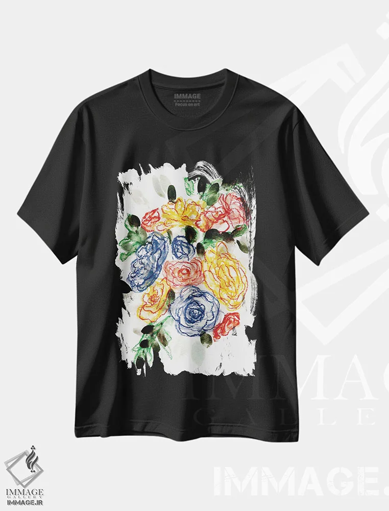 تیشرت مشکی طرح دار آبی گچی و زرد ۲، آبستره اثر مارسی چپمن | immage.ir