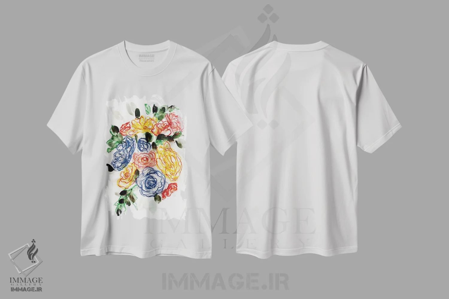 تیشرت سفید طرح دار آبی گچی و زرد ۲، آبستره اثر مارسی چپمن | فروشگاه ایماژ