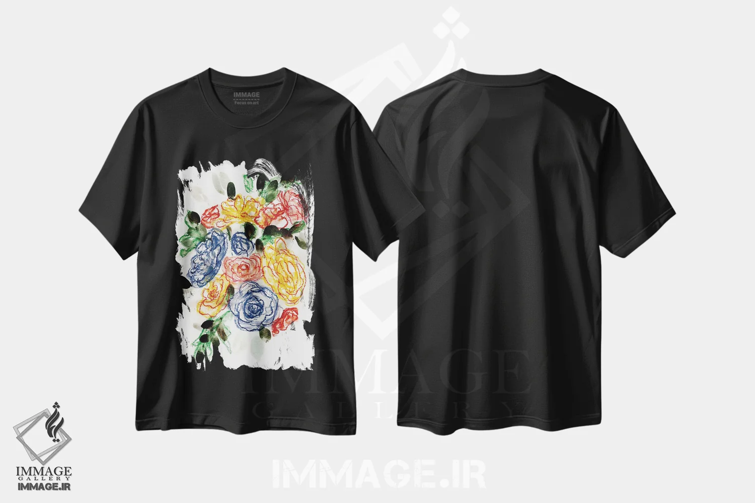 تیشرت مشکی طرح دار آبی گچی و زرد ۲، آبستره اثر مارسی چپمن | immage.ir