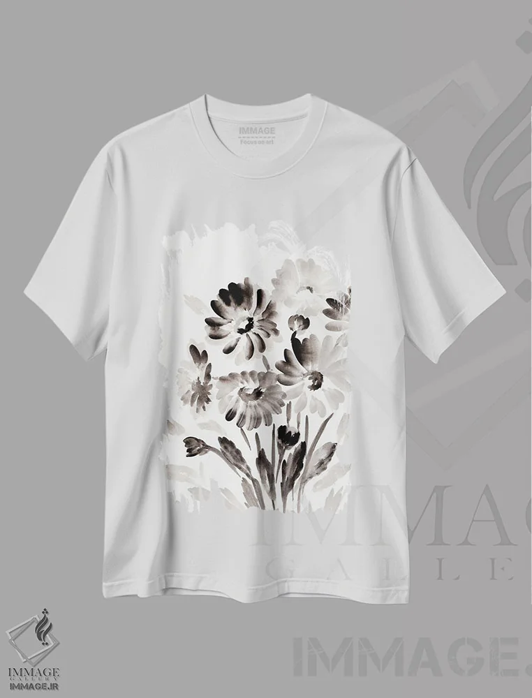 تیشرت سفید طرح دار بابونه های مشکی ساده، آبستره اثر مارسی چپمن | فروشگاه ایماژ