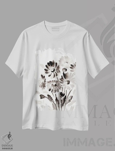 تیشرت سفید طرح دار بابونه های مشکی ساده، آبستره اثر مارسی چپمن | فروشگاه ایماژ