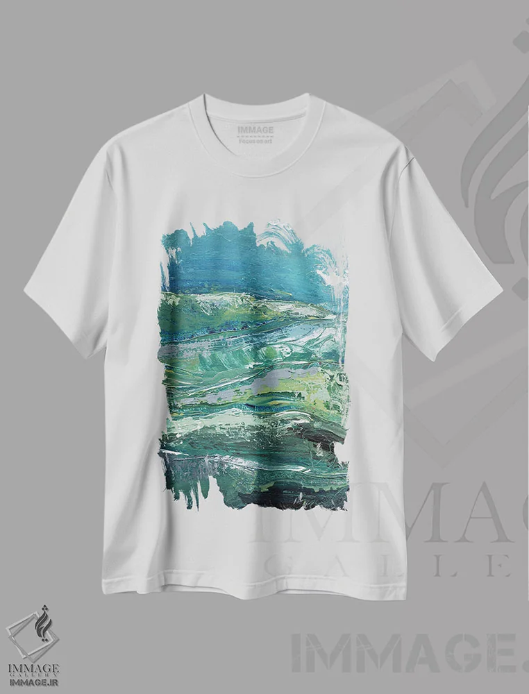 تیشرت سفید طرح دار کوه نما آبی ۲، آبستره اثر مارسی چپمن | فروشگاه ایماژ
